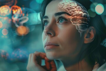 Poster - A woman wearing a brain model on her head, possibly for a science or medical theme