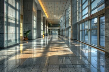 Poster - A long hallway with many windows and a single potted plant