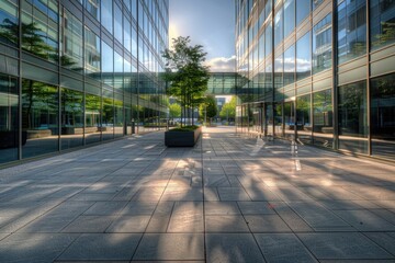 Wall Mural - Urban scene with a large glass building and empty sidewalk