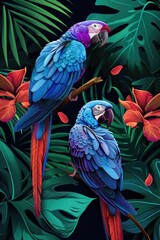 Aufkleber - Two vibrant parrots sit on the edge of a tree branch, their bright feathers and curious expressions capturing attention