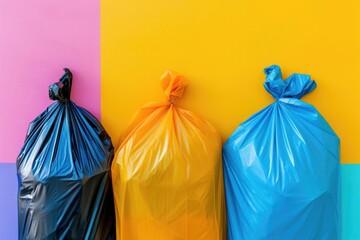 Poster - Three bags of garbage sit side by side on a surface, awaiting collection