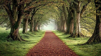 Wall Mural - A tranquil woodland path with tall, ancient trees, fallen leaves on the ground, and a misty atmosphere