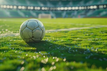 Wall Mural - A soccer ball sitting on a lush green grass, ideal for sports or outdoor-themed images