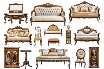 Poster - Vintage furniture pieces arranged on a clean white background