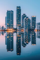 Poster - Nighttime city view from the water's edge, ideal for use in travel or urban scenes