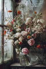 Wall Mural - A simple still life image with a vase of flowers sitting on a window sill