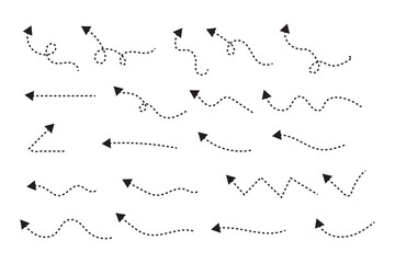 Fototapete - Set of hand drawn thin dash line arrows. Collection of curved pointers. White dot vector pointers pointing in different directions. Simple design elements of signpost showing confusing complex path