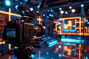 Poster - A professional video camera setup on a sturdy tripod in a studio environment, ideal for filmmaking, photography, or live streaming