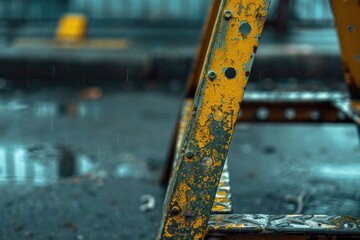 Poster - A yellow ladder standing on a wet and rainy day, suitable for use in outdoor or construction themed scenes