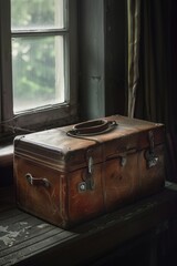 Wall Mural - A single brown suitcase sits on top of a wooden table, ready for travel or storage