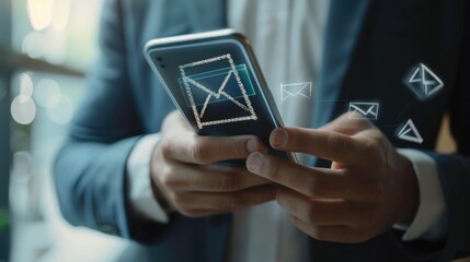 Aufkleber - A businessman holding a smartphone, possibly checking emails or taking calls