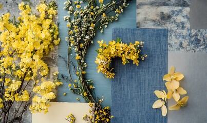 Canvas Print - Yellow Flowers and Blue and Gray Textures