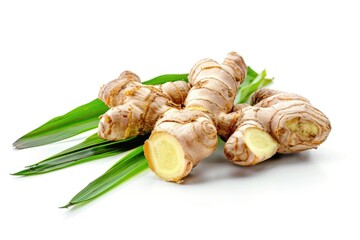 Poster - A group of fresh gingers arranged on a clean white surface, perfect for food or still life photography