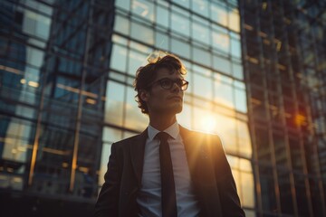 Wall Mural - A businessman stands outside an office building, dressed in a suit and tie