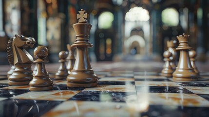 Poster - A classic chess set with intricately designed pieces and a wooden board