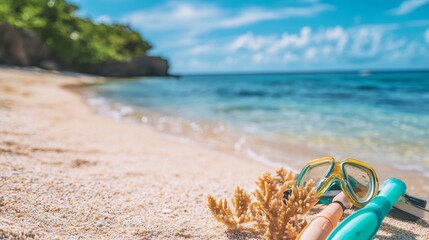 Snorkeling gear on a white sandy beach with turquoise ocean and blue sky in the background.