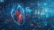 © Bijac - futuristic medical visualization of a stylized human heart with glowing circuit patterns pulsating against a backdrop of holographic health data and sleek medical interface