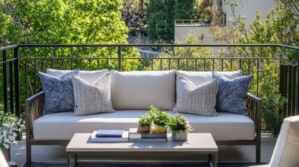 A chic balcony setup with a contemporary outdoor sofa, decorative pillows, and a low coffee table, overlooking a scenic urban view