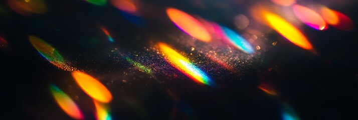 Poster - An enchanting abstract display of blurred geometric shapes and vibrant prism light reflections against a deep black background, creating a captivating glowing visual effect that draws viewers in