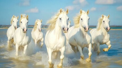 Wall Mural - A group of white horses running through the water in a line, AI