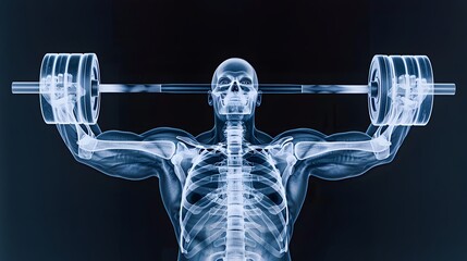 X-Ray of a Weightlifter Lifting Weights: An x-ray image of a weightlifter’s arms and shoulders as they lift a heavy barbell.
