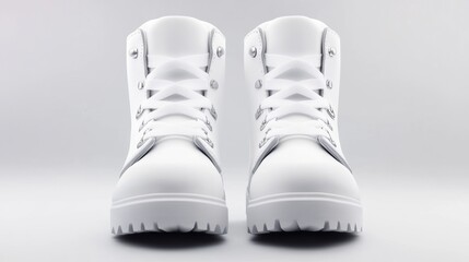 Canvas Print - A pair of white boots with laces on a gray background, AI