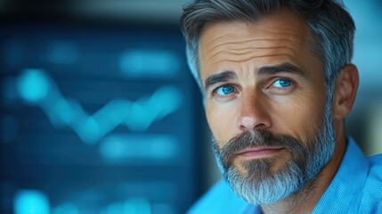 Canvas Print - A man with a beard and blue shirt in front of an up arrow, AI