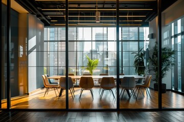 Poster - A large conference room with a long table and many chairs