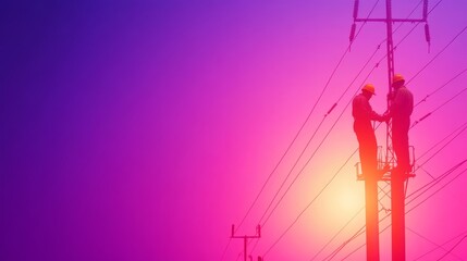 Two electricians work on power lines against a vibrant pink and orange sunset.