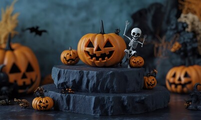 A skeleton with raised hands sits on a carved pumpkin, next to a large carved pumpkin, both on a stack of dark rocks.