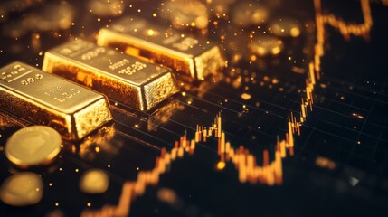 Poster - A close-up of a gold price graph with various indicators and annotations, with gold bars and coins in the background, highlighting investment trends