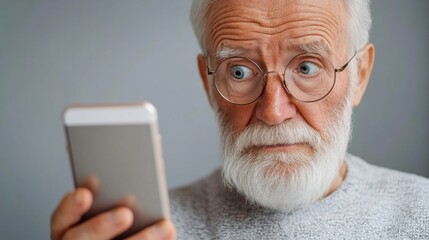 Poster - An older man with glasses holding a cell phone, AI