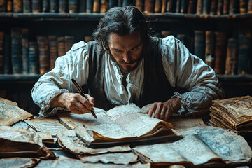 Wall Mural - A Renaissance scholar writing in a dimly lit library surrounded by ancient manuscripts and maps. Concept of knowledge and scholarly pursuit.