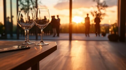 Two wine glasses on a table with a sunset and silhouettes of people in the background.