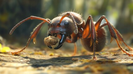 Poster - A close-up of a single ant carrying a small crumb back to its nest, with its strong mandibles and legs clearly detailed.