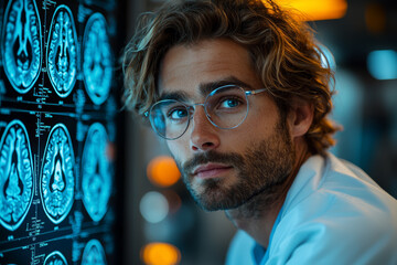 Poster - a neuroscientist studying brain scans and cognitive functions, highlighting the complexities of the 