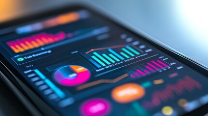 Poster - A close-up of a smartphone screen displaying an interactive business graph app, with colorful pie charts and trend lines.