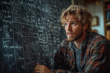 Poster - a mathematician working on advanced calculus problems, with formulas and equations covering the chal