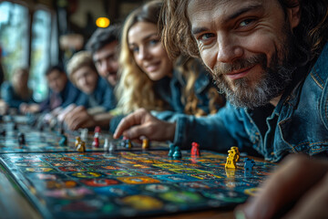 Canvas Print - A group of friends playing a strategy board game, using creative tactics to overcome challenges and win. Concept of strategic thinking and teamwork.