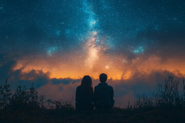 Canvas Print - A duo sharing a heartfelt moment under a starlit sky, capturing their deep connection in a tranquil atmosphere. Concept of romance and serenity.