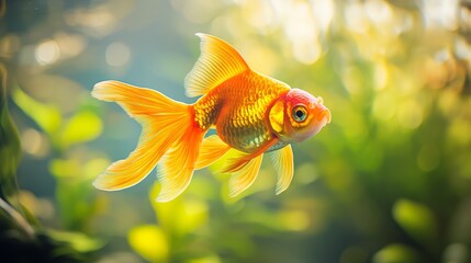 Poster - A close-up of a vibrant goldfish swimming gracefully in a clear, well-maintained aquarium, with its shimmering scales catching the light