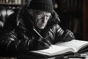 Poster - A creative writer drafting an intricate novel with a complex plot and well-developed characters. Concept of narrative intelligence and creative writing.