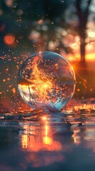 A glass sphere reflecting a fiery sunset with bokeh effect and water in the foreground.