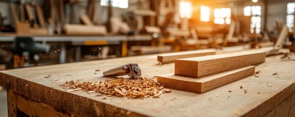 Woodworking tools and sawdust on a workbench in a workshop.