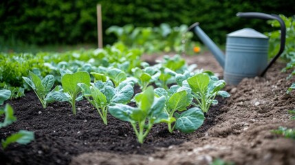 Aufkleber - A close-up of freshly planted vegetable seedlings in a garden bed, with soil and watering can nearby, highlighting the early stages of vegetable growth