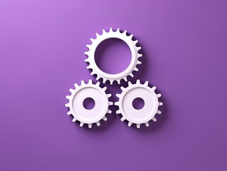 Wall Mural - Three white gears on a Purple background, laid flat, copy space concept for business technology and development in the abstract vector with copy space 