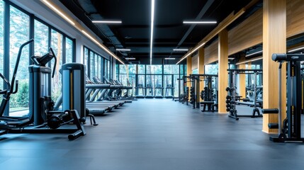 Canvas Print - A gym room with a lot of equipment and windows, AI