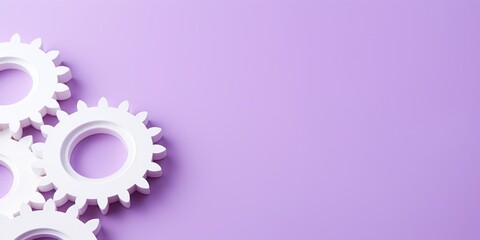 Wall Mural - Three white gears on a Violet background, laid flat, copy space concept for business technology and development in the abstract vector with copy space 