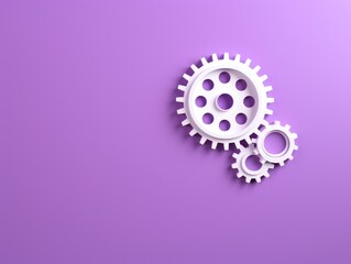 Wall Mural - Three white gears on a Violet background, laid flat, copy space concept for business technology and development in the abstract vector with copy space 