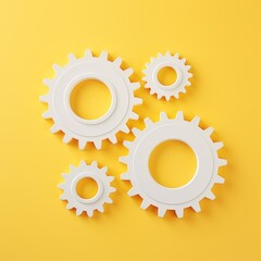 Wall Mural - Three white gears on a Yellow background, laid flat, copy space concept for business technology and development in the abstract vector with copy space 